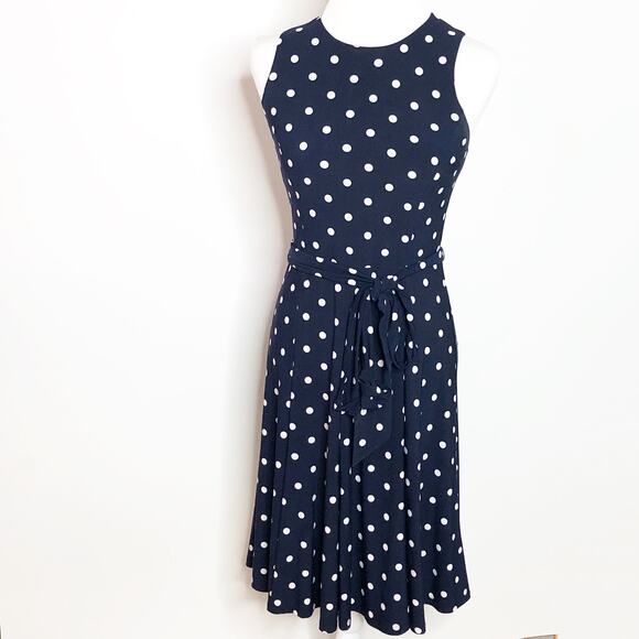 Lauren Ralph Lauren Polka Dot Dress 2 Midi Blue Sleeveless Stretchy Slinky - Picture 1 of 4